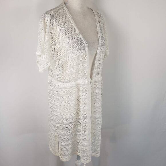 Alexa & Stella White Crochet Mesh Drawstring Waist Short Sleeve Swim Cover Up L - Picture 3 of 9